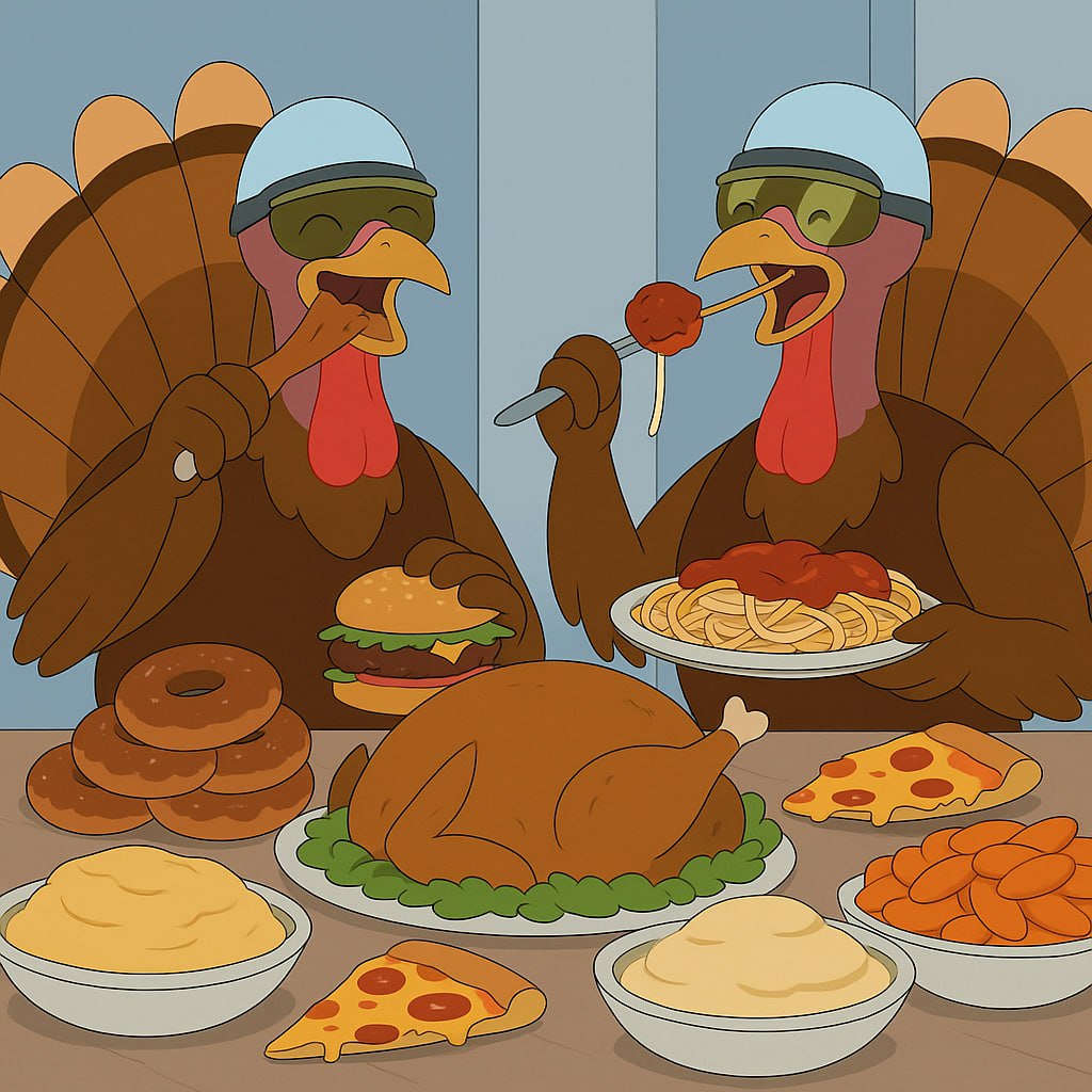 Gobble and Waddle enjoying Thanksgiving feast